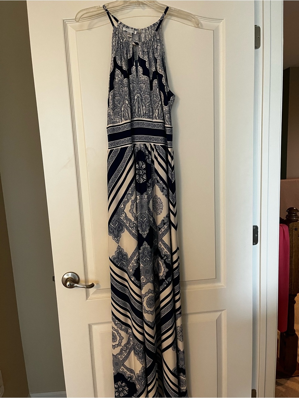 London Times Navy and White Halter Maxi